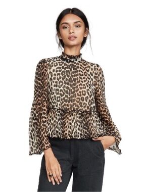 Ganni Leopard Print Ruffled High-Neck Blouse - Brown, Black